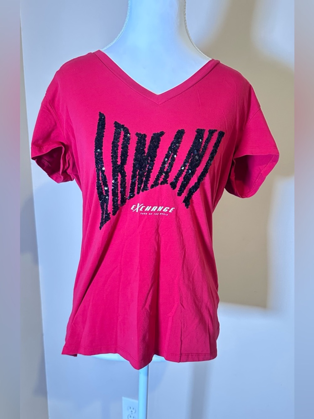 Armani Exchange Bright Pink V-Neck Logo Tee - Picture 2 of 3